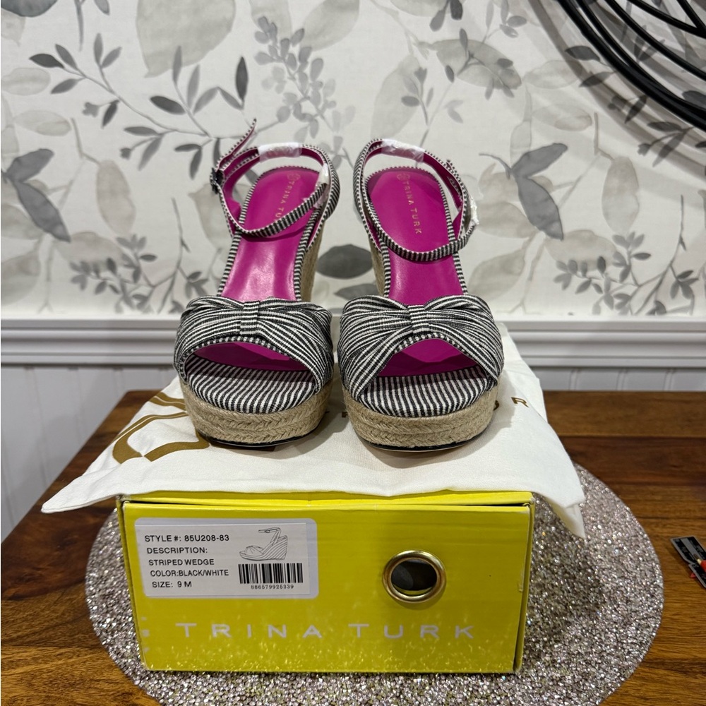 Trina Turk Black and White Thin Striped Wedge Shoes. NWOT